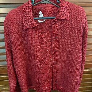 Women’s Textured Red Button-Front Sweater Cardigan with matching blouse